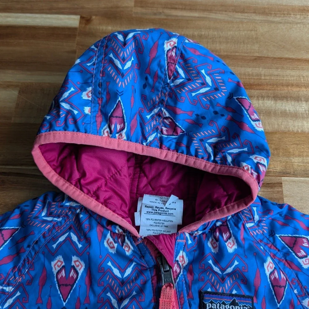 Patagonia Kid's Reversible Puff-Ball Bunting Blue/Pink Geometric Print 6-12M